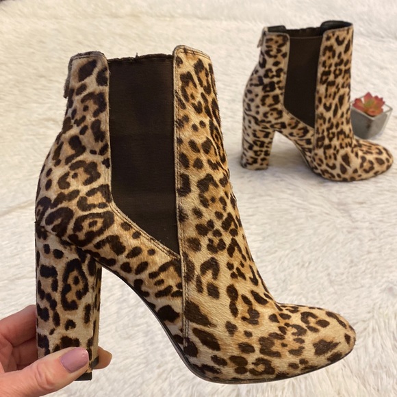 Sam Edelman | Anthropologie Animal print Fur Chelsea Ankle Bootie heel women 7.5 - Picture 2 of 11